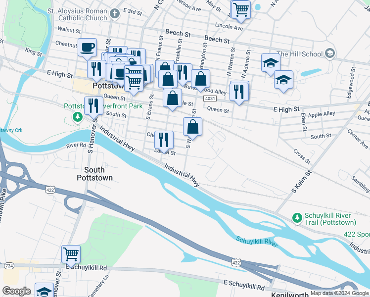map of restaurants, bars, coffee shops, grocery stores, and more near 169 South Washington Street in Pottstown