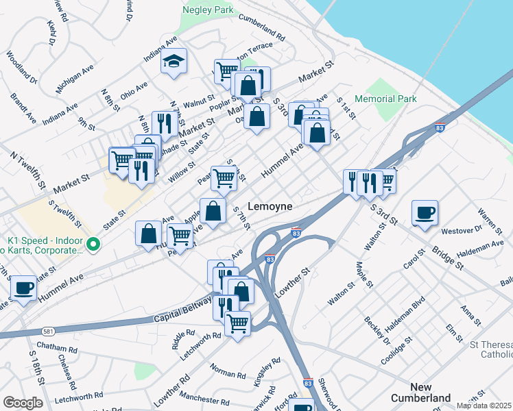 map of restaurants, bars, coffee shops, grocery stores, and more near 613 Herman Avenue in Lemoyne