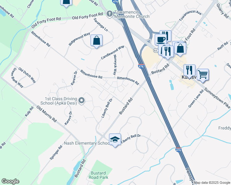 map of restaurants, bars, coffee shops, grocery stores, and more near 111 Richmond Court in Harleysville