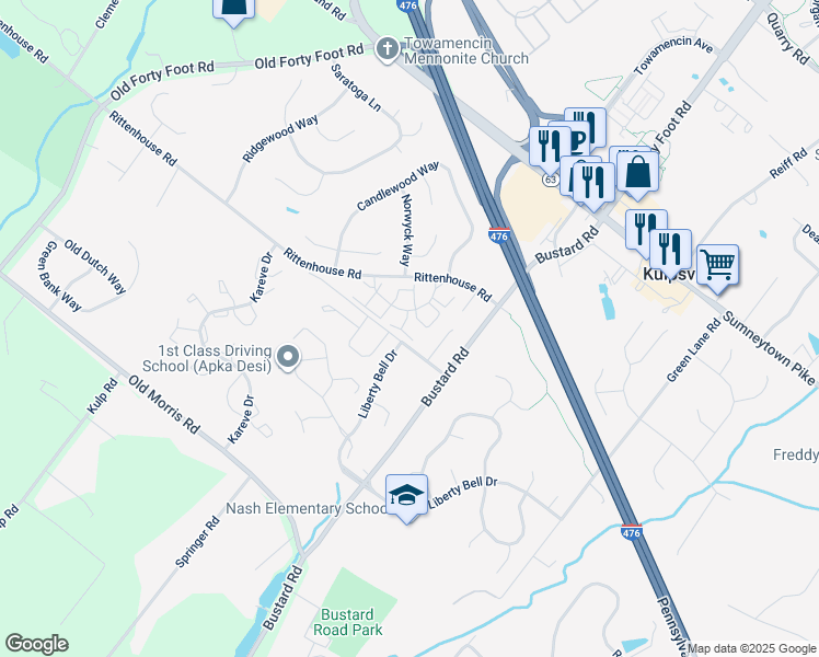 map of restaurants, bars, coffee shops, grocery stores, and more near 112 Richmond Court in Harleysville