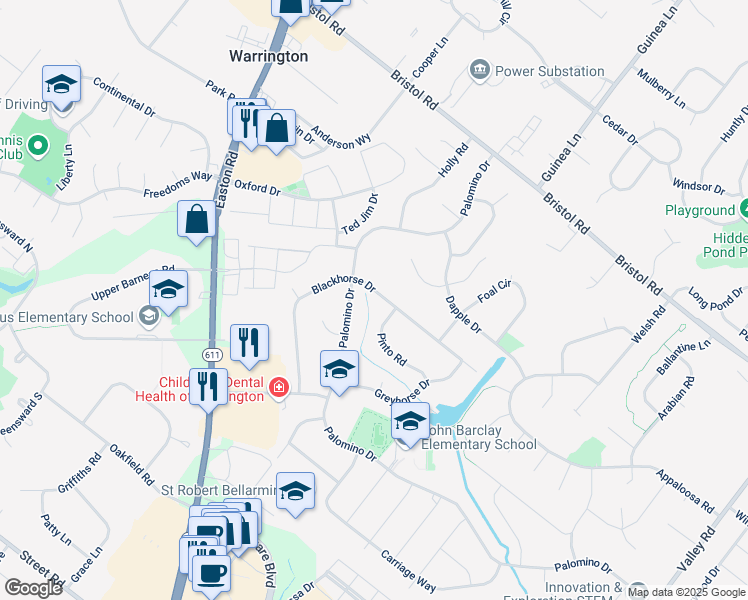 map of restaurants, bars, coffee shops, grocery stores, and more near 2138 Blackhorse Drive in Warrington