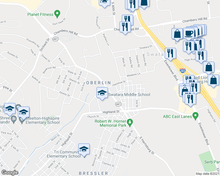 map of restaurants, bars, coffee shops, grocery stores, and more near 186 North Harrisburg Street in Harrisburg