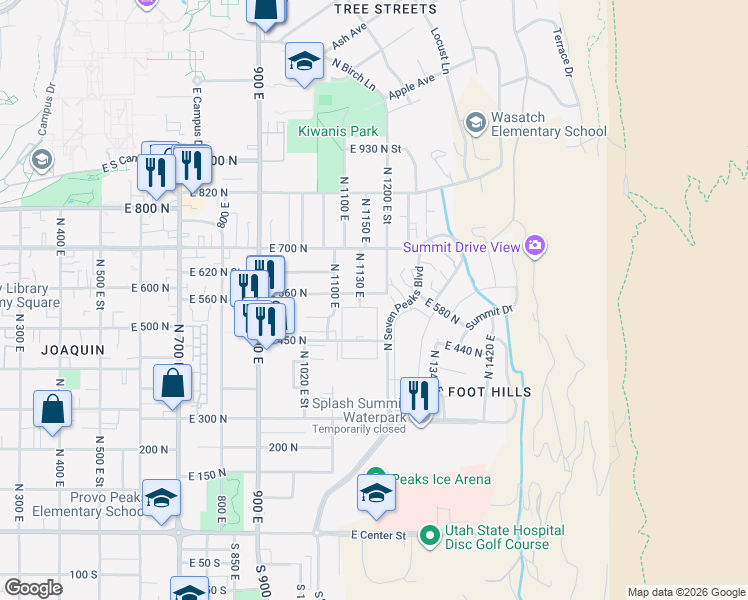 map of restaurants, bars, coffee shops, grocery stores, and more near 609 North Seven Peaks Boulevard in Provo