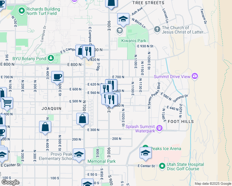 map of restaurants, bars, coffee shops, grocery stores, and more near 960 East 620 North Street in Provo