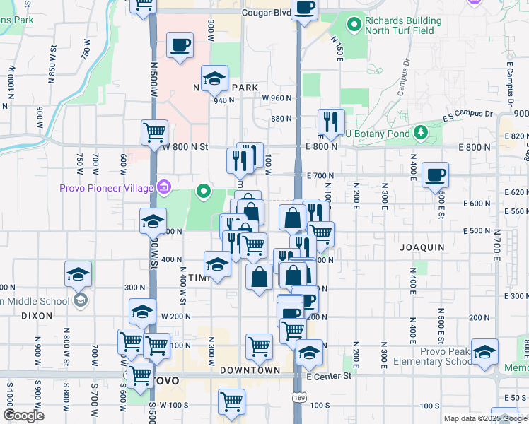 map of restaurants, bars, coffee shops, grocery stores, and more near 620 100 West in Provo