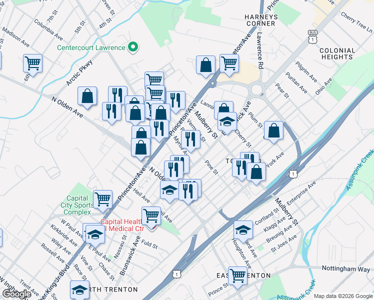 map of restaurants, bars, coffee shops, grocery stores, and more near 66 Myrtle Avenue in Lawrence Township