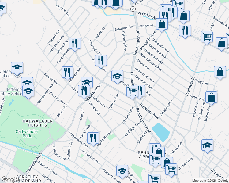 map of restaurants, bars, coffee shops, grocery stores, and more near 10 McCarthy Drive in Ewing Township