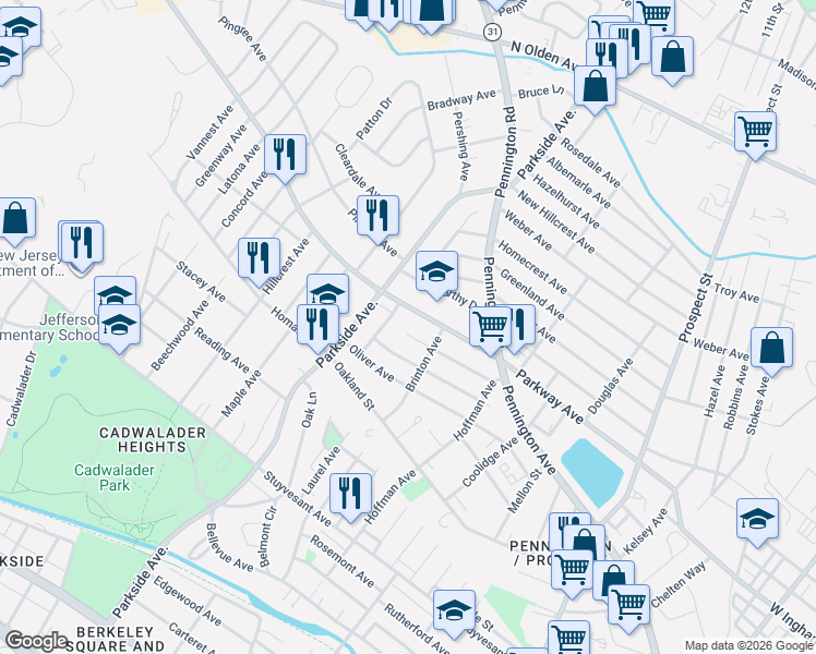 map of restaurants, bars, coffee shops, grocery stores, and more near 439 Parkway Avenue in Trenton