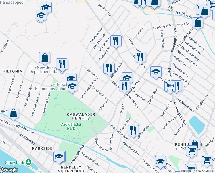 map of restaurants, bars, coffee shops, grocery stores, and more near 8 Stacey Avenue in Trenton