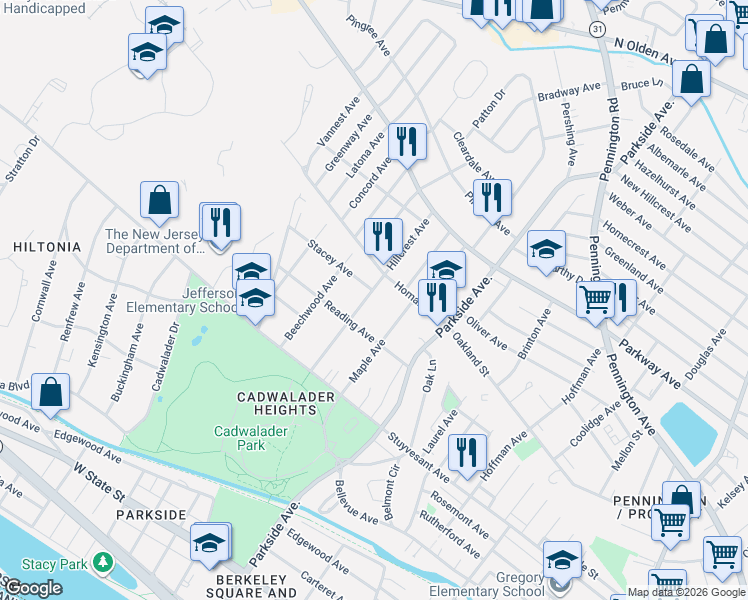 map of restaurants, bars, coffee shops, grocery stores, and more near 8 Stacey Avenue in Trenton