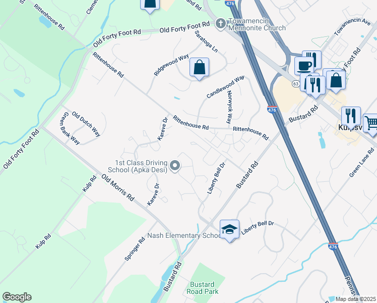map of restaurants, bars, coffee shops, grocery stores, and more near 501 Heritage Drive in Harleysville