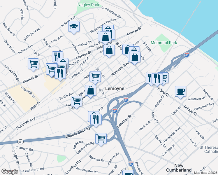 map of restaurants, bars, coffee shops, grocery stores, and more near 529 Peach Street in Lemoyne