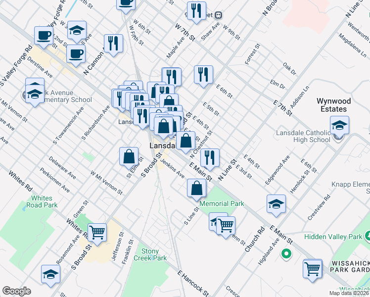map of restaurants, bars, coffee shops, grocery stores, and more near 38 East 2nd Street in Lansdale