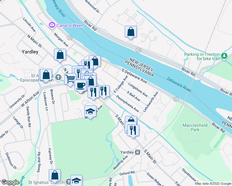map of restaurants, bars, coffee shops, grocery stores, and more near 102 Pennsylvania Avenue in Yardley