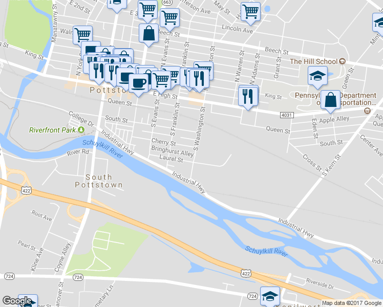 map of restaurants, bars, coffee shops, grocery stores, and more near 167 South Washington Street in Pottstown