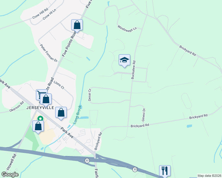map of restaurants, bars, coffee shops, grocery stores, and more near Desai Court in Howell Township