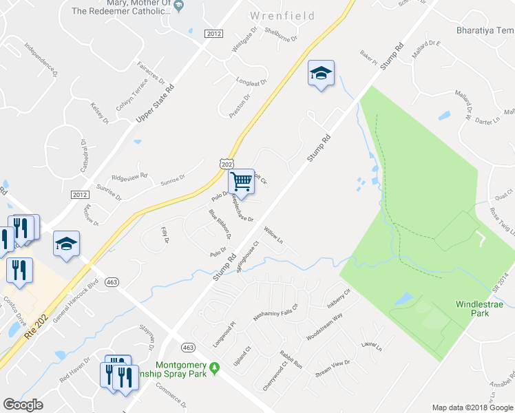 map of restaurants, bars, coffee shops, grocery stores, and more near 108 Thoroughbred Court in North Wales