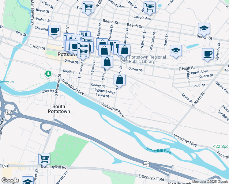 map of restaurants, bars, coffee shops, grocery stores, and more near 167 South Washington Street in Pottstown