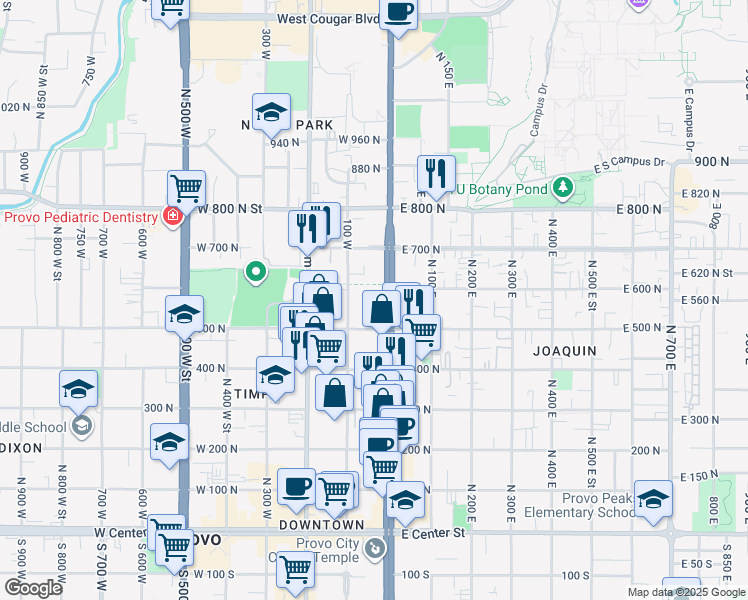 map of restaurants, bars, coffee shops, grocery stores, and more near 575 North University Avenue in Provo
