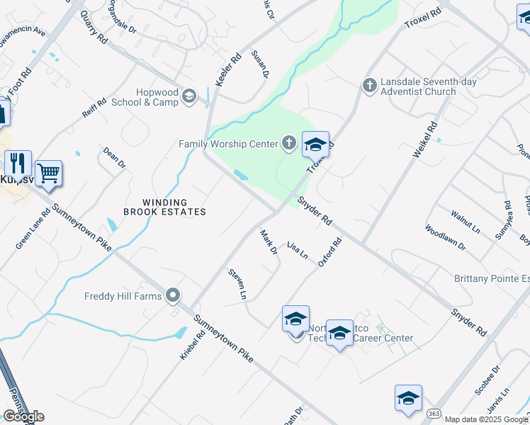 map of restaurants, bars, coffee shops, grocery stores, and more near 1360 Keeler Rd in Lansdale