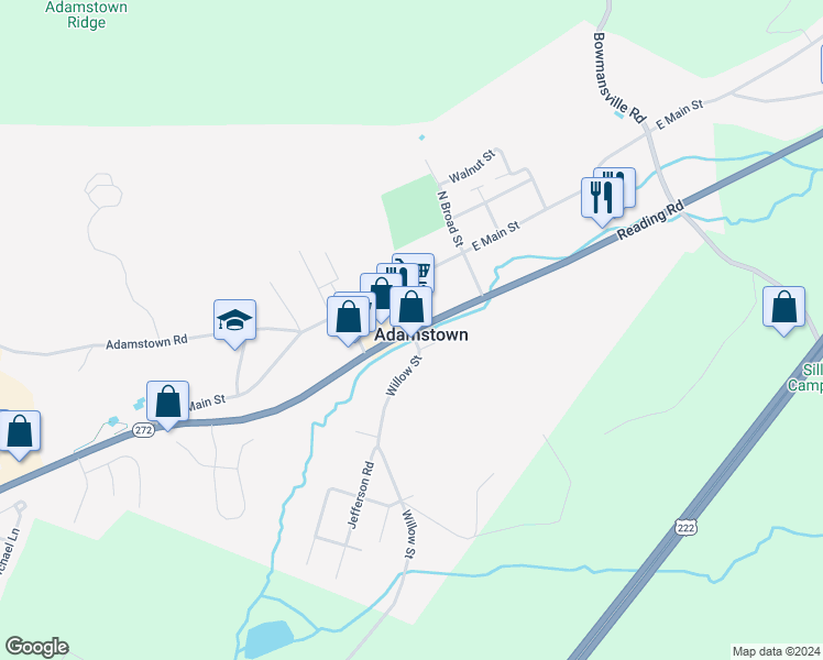 map of restaurants, bars, coffee shops, grocery stores, and more near North Reading Road in Adamstown