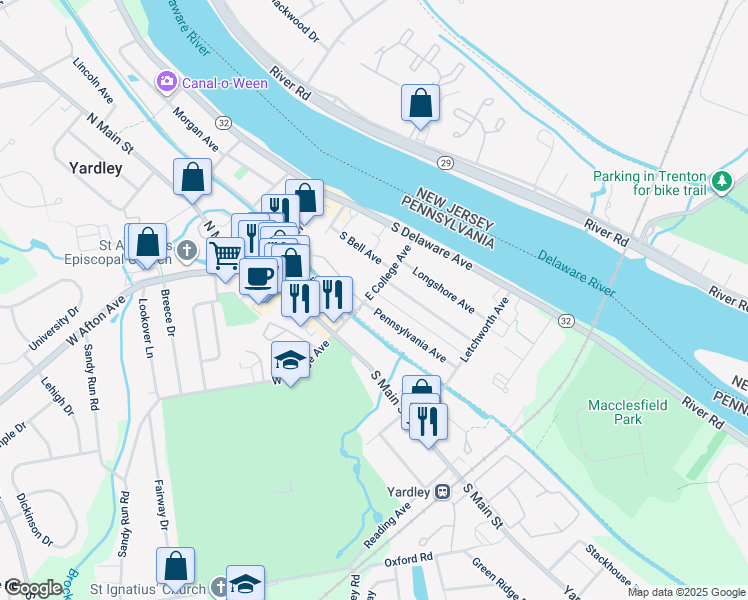 map of restaurants, bars, coffee shops, grocery stores, and more near 102 Pennsylvania Avenue in Yardley