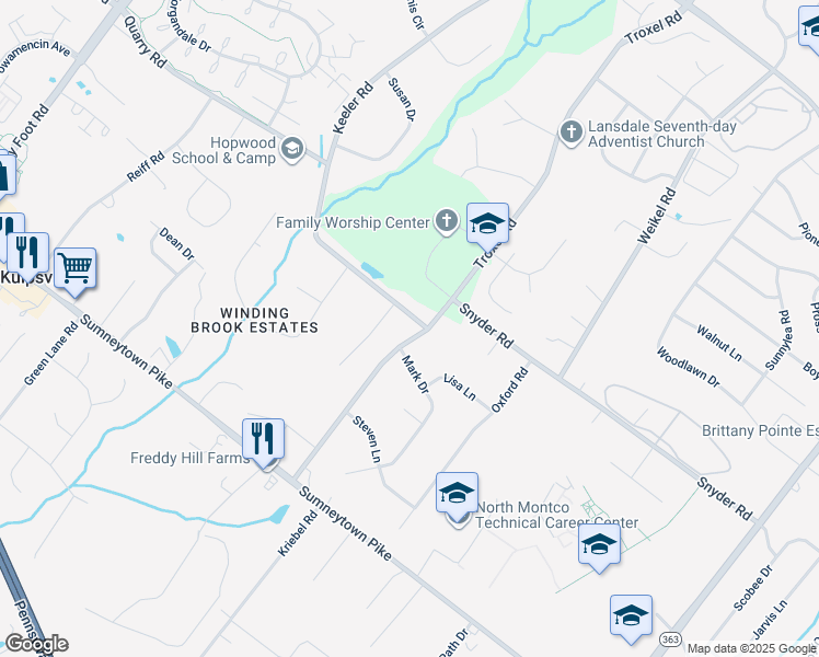 map of restaurants, bars, coffee shops, grocery stores, and more near 1360 Keeler Rd in Lansdale