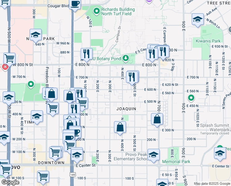 map of restaurants, bars, coffee shops, grocery stores, and more near 340 East 600 North Street in Provo
