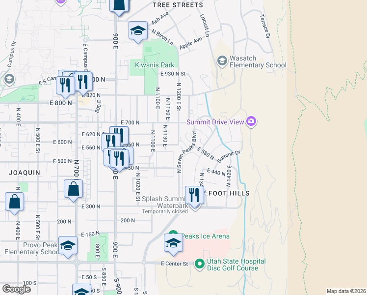 map of restaurants, bars, coffee shops, grocery stores, and more near 609 North Seven Peaks Boulevard in Provo