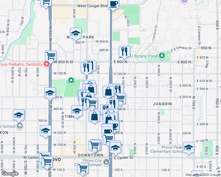 map of restaurants, bars, coffee shops, grocery stores, and more near 575 North University Avenue in Provo