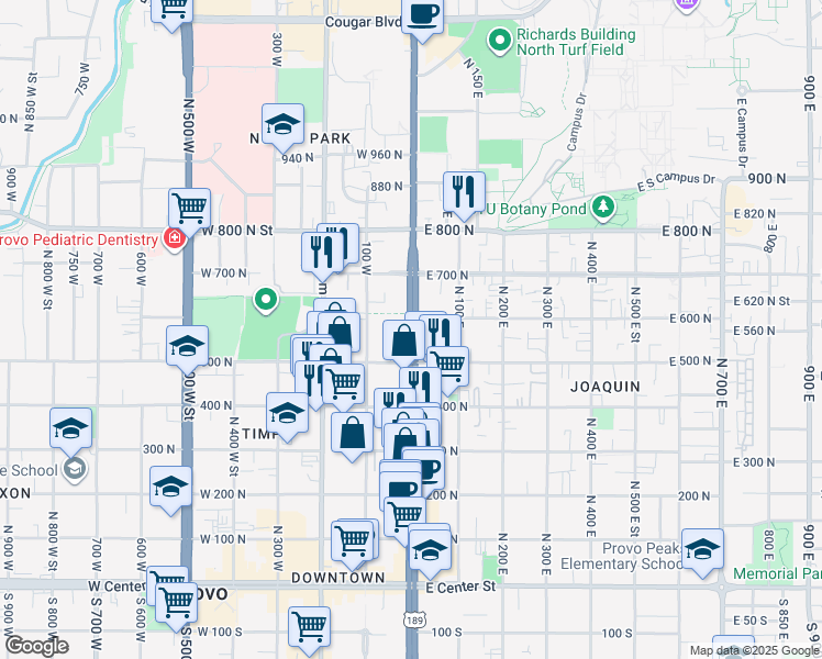 map of restaurants, bars, coffee shops, grocery stores, and more near 583 North University Avenue in Provo