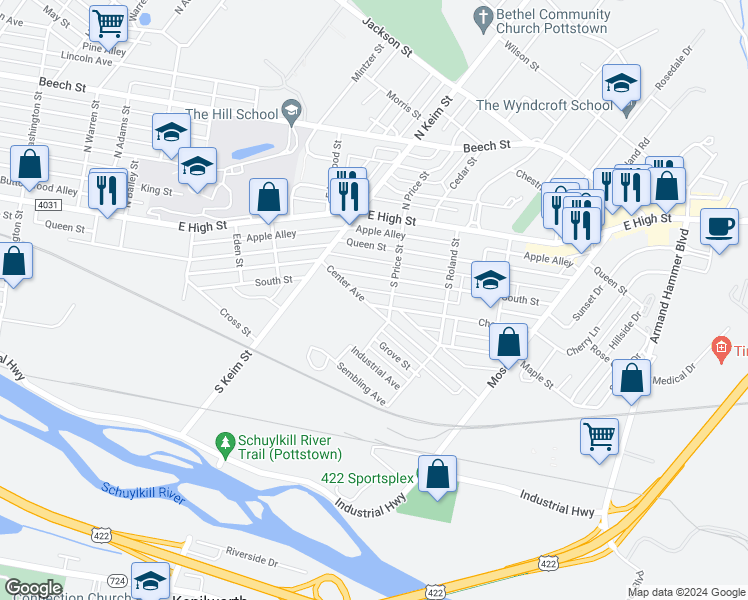 map of restaurants, bars, coffee shops, grocery stores, and more near 1073 Cherry Street in Pottstown