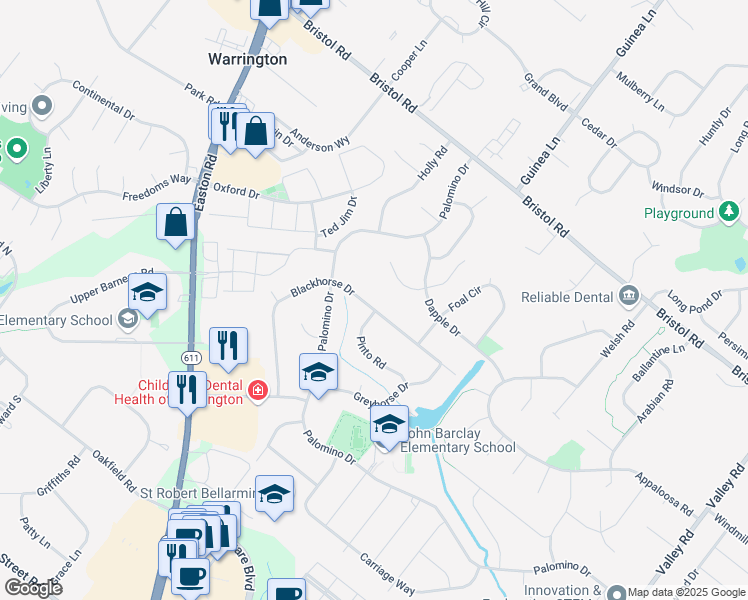 map of restaurants, bars, coffee shops, grocery stores, and more near 2137 Blackhorse Drive in Warrington