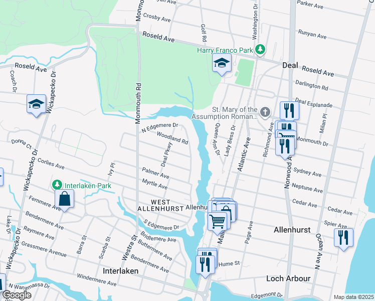 map of restaurants, bars, coffee shops, grocery stores, and more near 506 Woodland Road in Allenhurst