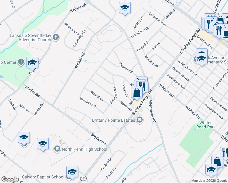 map of restaurants, bars, coffee shops, grocery stores, and more near 834 Sunnylea Road in Lansdale