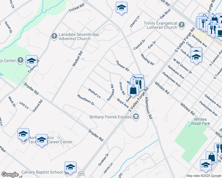 map of restaurants, bars, coffee shops, grocery stores, and more near 848 Sunnylea Road in Lansdale