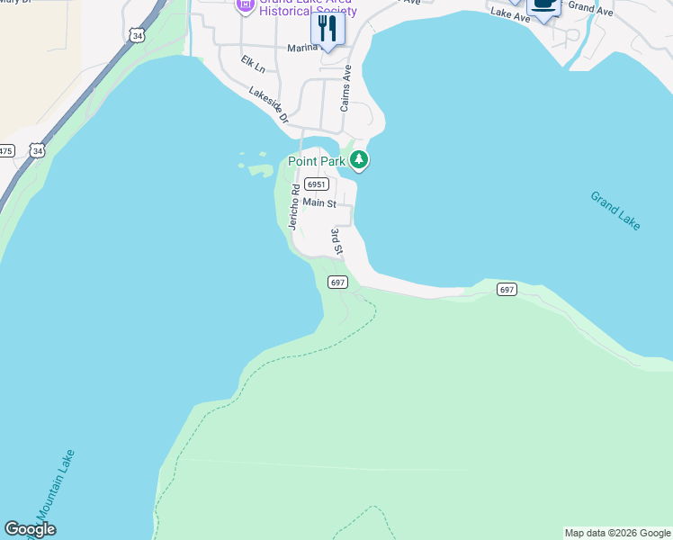 map of restaurants, bars, coffee shops, grocery stores, and more near 158 Jerico Road in Grand Lake