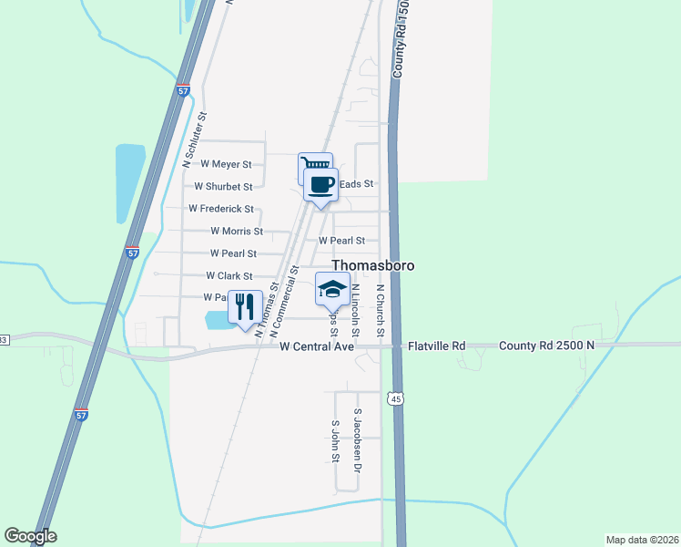 map of restaurants, bars, coffee shops, grocery stores, and more near 302 West Clark Street in Thomasboro