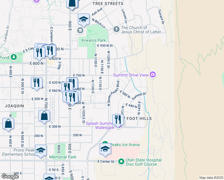 map of restaurants, bars, coffee shops, grocery stores, and more near 553 North Seven Peaks Boulevard in Provo