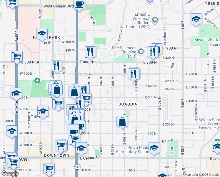 map of restaurants, bars, coffee shops, grocery stores, and more near 265 East 600 North in Provo