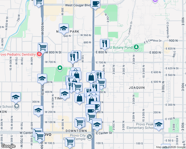 map of restaurants, bars, coffee shops, grocery stores, and more near 624 North University Avenue in Provo