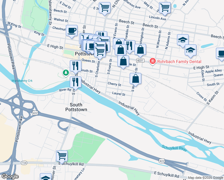 map of restaurants, bars, coffee shops, grocery stores, and more near 344 Cherry Street in Pottstown