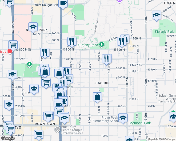 map of restaurants, bars, coffee shops, grocery stores, and more near 284 East 600 North in Provo
