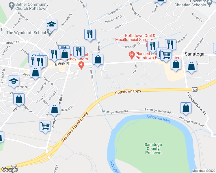 map of restaurants, bars, coffee shops, grocery stores, and more near 1730 Rosewood Court in Pottstown