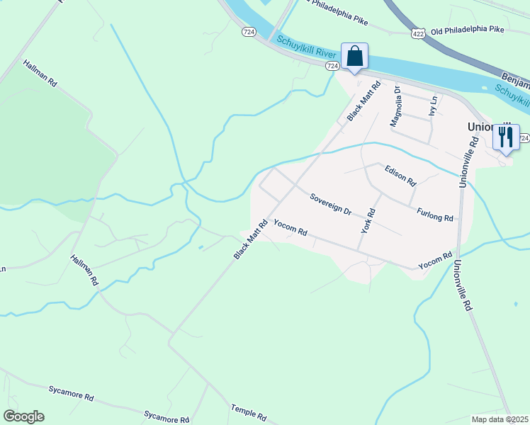 map of restaurants, bars, coffee shops, grocery stores, and more near 18 King Street in Douglassville