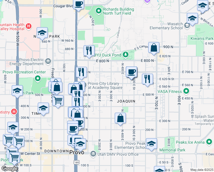 map of restaurants, bars, coffee shops, grocery stores, and more near 284 East 600 North in Provo