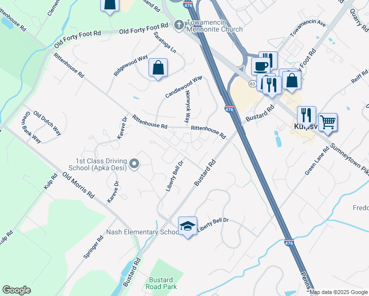 map of restaurants, bars, coffee shops, grocery stores, and more near 105 Carlton Court in Harleysville