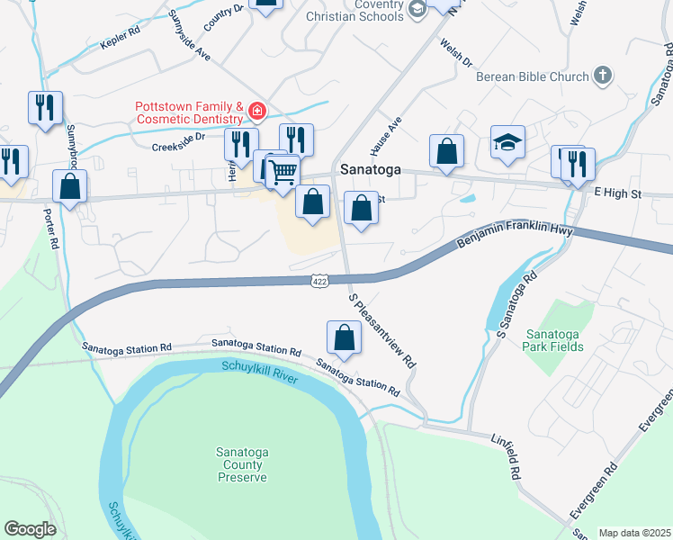 map of restaurants, bars, coffee shops, grocery stores, and more near 177 South Pleasantview Road in Pottstown