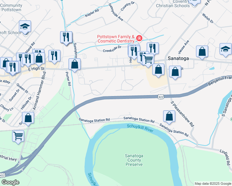 map of restaurants, bars, coffee shops, grocery stores, and more near 315 Pinetree Court in Pottstown