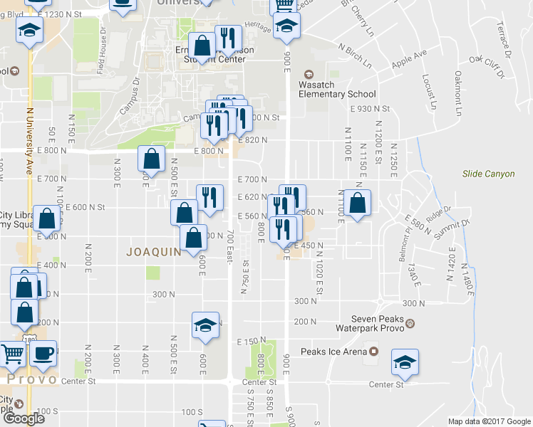 map of restaurants, bars, coffee shops, grocery stores, and more near 572 North 800 East in Provo
